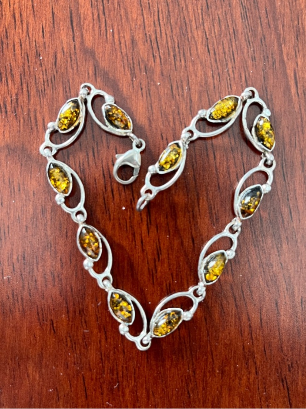 Green Amber Sterling Silver Link Bracelet